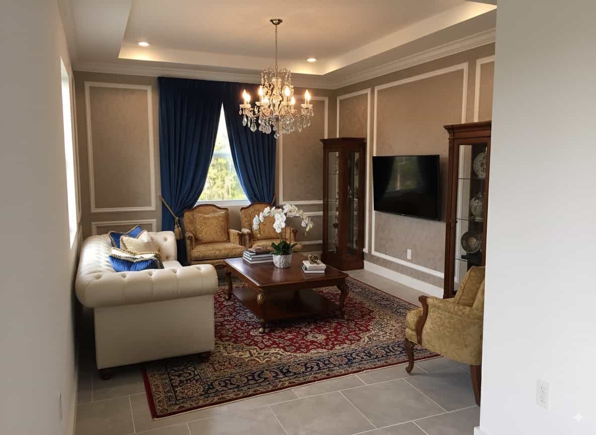 Contemporary open concept living room with modern furniture - virtual staging example